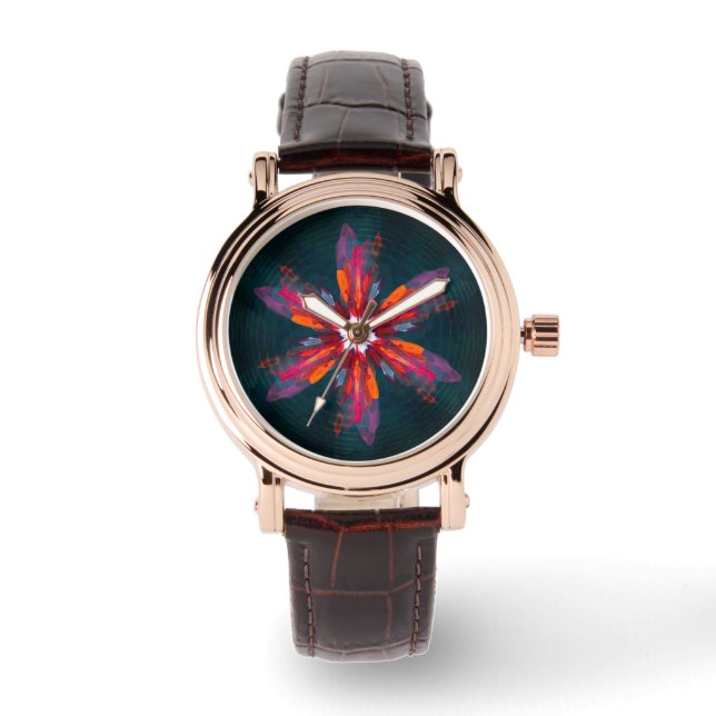 Floral Mandala Flowers Orange Red Blue Abstract Armbanduhr (Vorderseite)