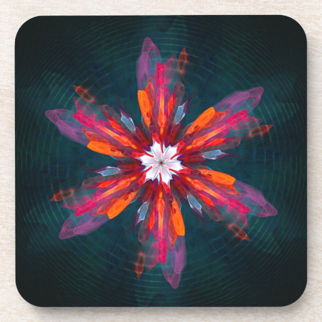 Floral Mandala Flowers Orange Red Blue Abstract Getränkeuntersetzer (Vorderseite)