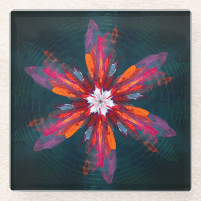 Floral Mandala Flowers Orange Red Blue Abstract Glasuntersetzer (Vorderseite)