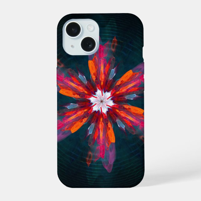 Floral Mandala Flowers Orange Red Blue Abstract iPhone 15 Hülle (Rückseite)
