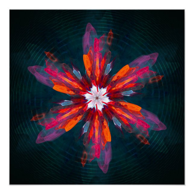 Floral Mandala Flowers Orange Red Blue Abstract Poster (Vorderseite)