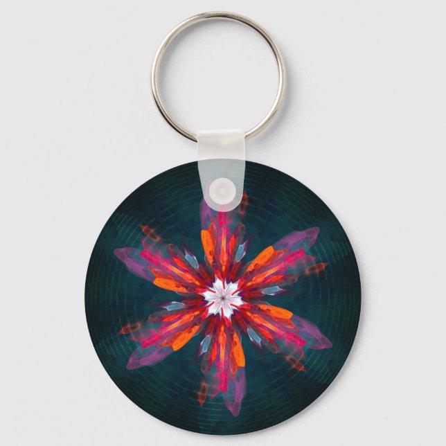 Floral Mandala Flowers Orange Red Blue Abstract Schlüsselanhänger (Vorderseite)