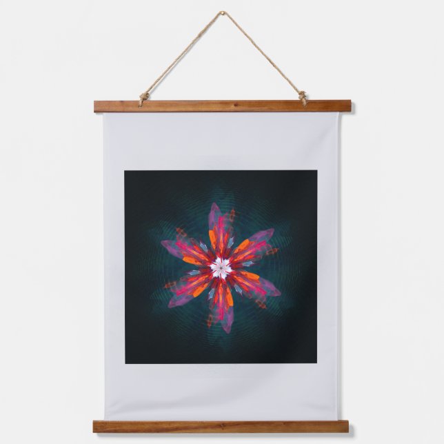 Floral Mandala Flowers Orange Red Blue Abstract Wandteppich Mit Holzrahmen (Vorderseite)