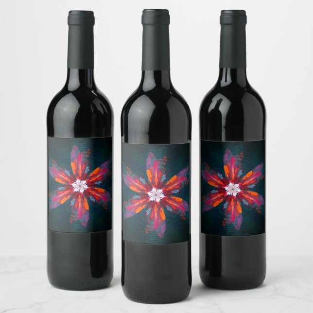 Floral Mandala Flowers Orange Red Blue Abstract Weinetikett (Flaschen)