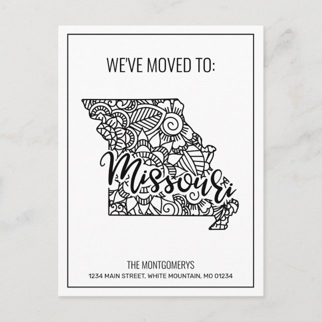 Floral Mandala Missouri Staat Moving Ankündigungspostkarte (Vorderseite)