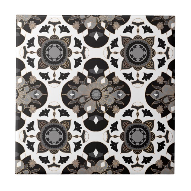 Floral Mandala Taupe Gray Black Fliese (Vorderseite)