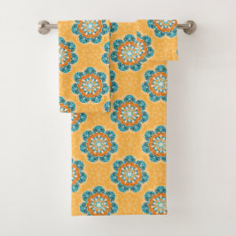 Floral Mandala Tile in Orange & Aquamarin Badhandtuch Set