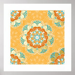 Floral Mandala Tile in Orange & Aquamarin Foliendrucke
