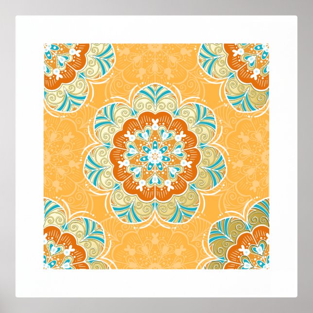 Floral Mandala Tile in Orange & Aquamarin Foliendrucke (Vorderseite)