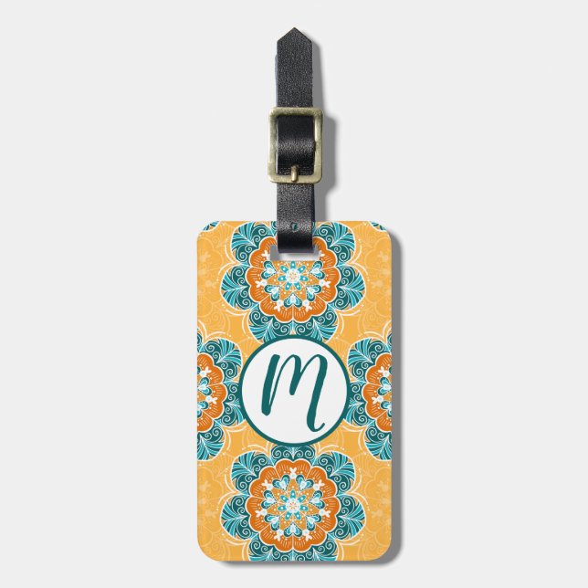 Floral Mandala Tile in Orange & Aquamarin Gepäckanhänger (Vorderseite vertikal)