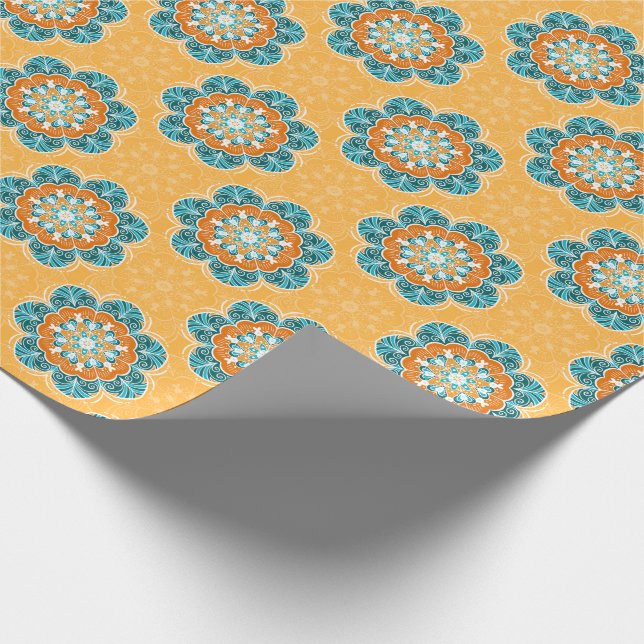 Floral Mandala Tile in Orange & Aquamarin Geschenkpapier (Ecke)