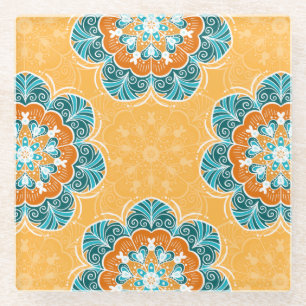 Floral Mandala Tile in Orange & Aquamarin Glasuntersetzer
