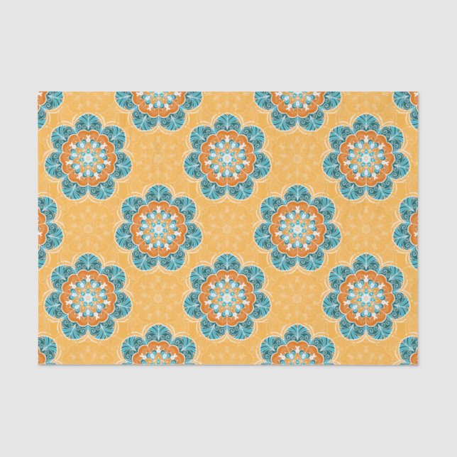 Floral Mandala Tile in Orange & Aquamarin Seidenpapier (Vorderseite)