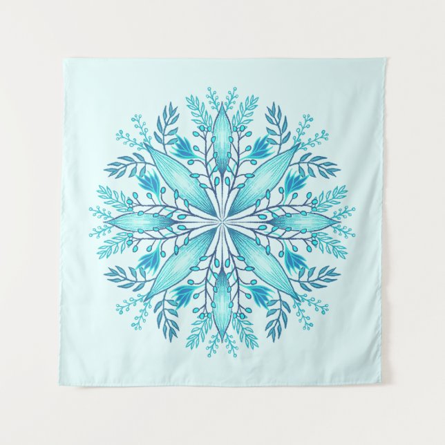 Floral Mandala - Türkis Blue Boho Snowflake Wandteppich (Vorderseite)