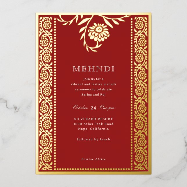 Floral Marigold Gold Mehndi Einladung (Vorderseite)