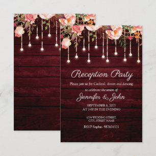 Floral Maroon Wood Rustic Wedding Reception Party Einladung
