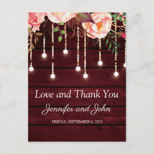 Floral Maroon Wooden Rustic Wedding Vielen Dank Postkarte