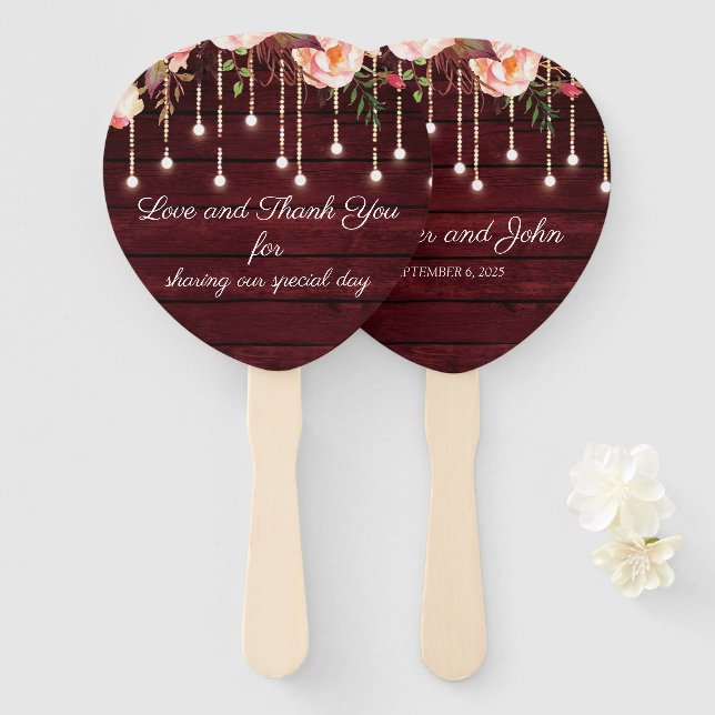 Floral Maroon Wooden Rustikale Hochzeit Fächer (Vorne und Hinten)