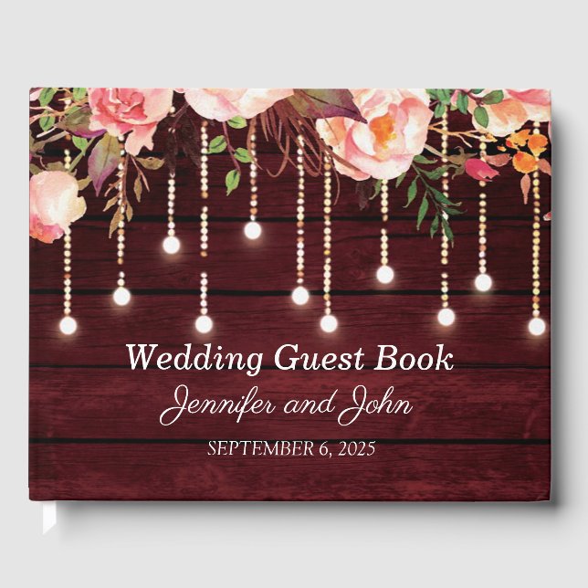 Floral Maroon Wooden Rustikale Hochzeit Gästebuch (Vorderseite)
