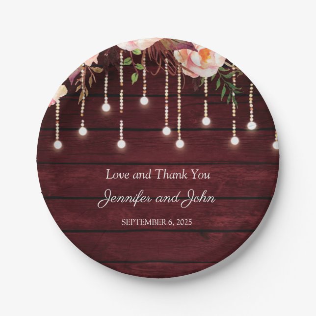 Floral Maroon Wooden Rustikale Hochzeit Pappteller (Vorderseite)