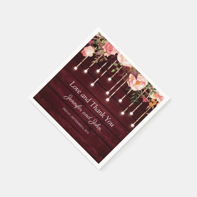 Floral Maroon Wooden Rustikale Hochzeit Serviette (Ecke)