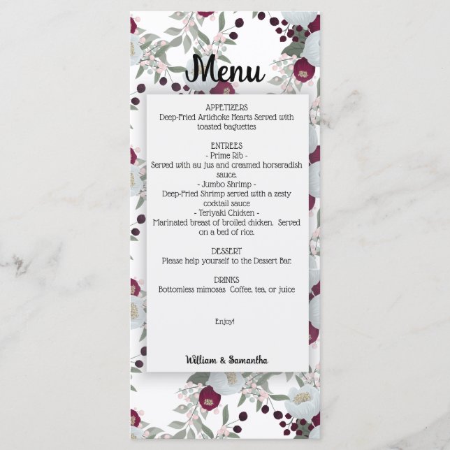 Floral Marsala Wedding Brautparty Menu Menükarte (Vorderseite)