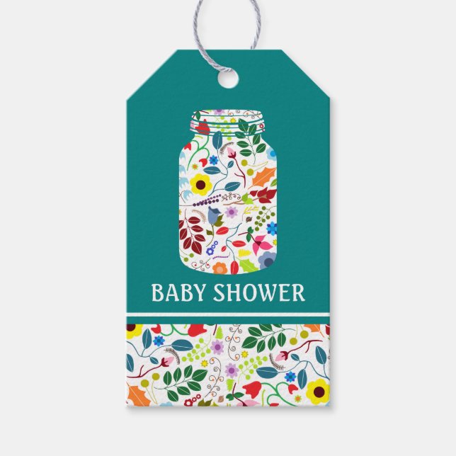 Floral Mason Jar Baby Shower Geschenkanhänger (Vorderseite)
