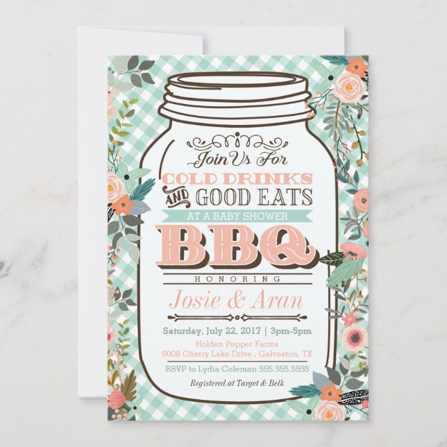 Floral Mason Jar BBQ Baby shower Invitation (Devant)