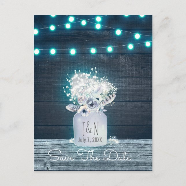 Floral Mason Jar Blue Lights Rustikal Save the Dat Ankündigungspostkarte (Vorderseite)