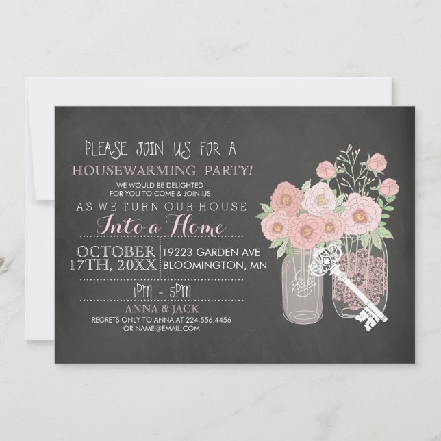 Floral Mason Jar Chalkboard Housewarming Einladung (Vorderseite)