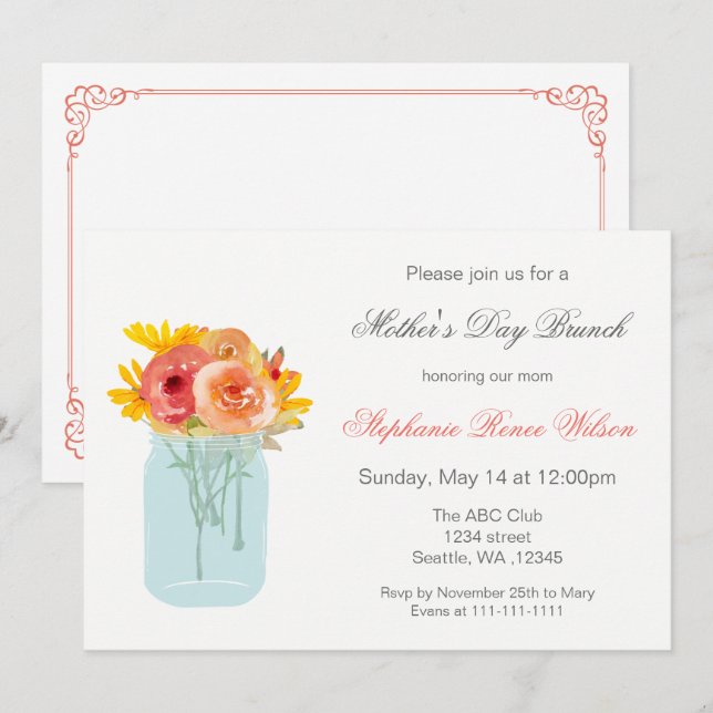 Floral Mason Jar Fête des Mères Brunch Invitations (Devant / Derrière)