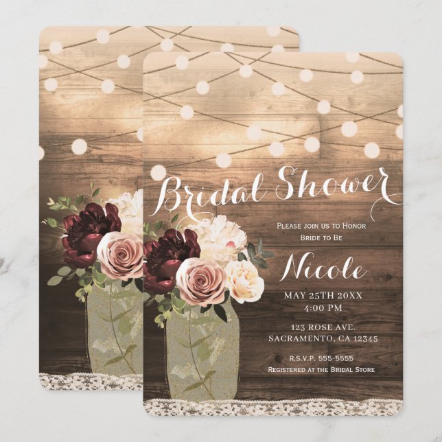 Floral Mason Jar & Lights Rustikale Country Bridal Einladung (Vorne/Hinten)