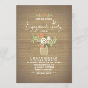 Floral Mason Jar Rustic Burlap Engagement Party Einladung