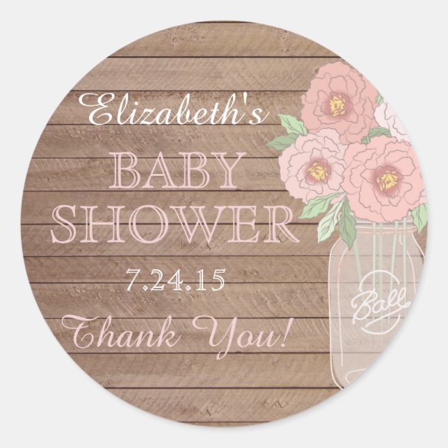 Floral Mason Jar & Wood Pink Babyduschenaufkleber Runder Aufkleber (Vorderseite)
