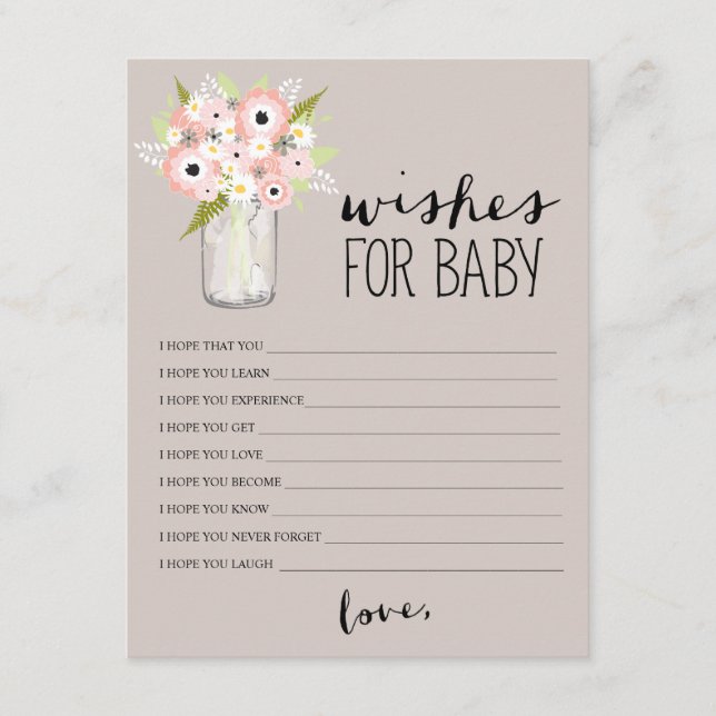 Floral Mason Jar | Wünsche für Baby Hinweiskarte (Vorderseite)