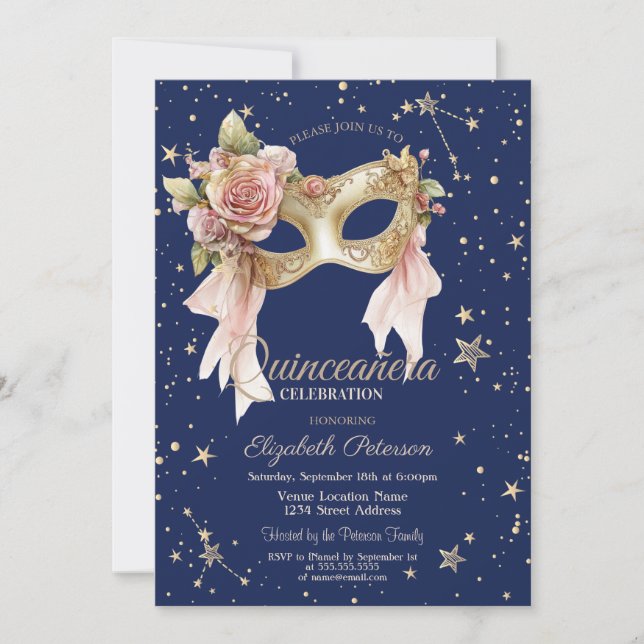 Floral Masque Stars Navy Blue Quinceañera Einladung (Vorderseite)