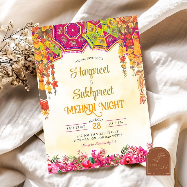 Floral Mehndi Night Zeremonie Indische Hochzeit Einladung (Von Creator hochgeladen)