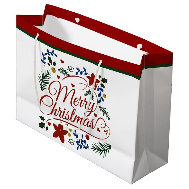 Floral Merry Christmas Große Geschenktüte (Vorderseite Schrägansicht)