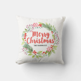 Floral Merry Christmas Red Berry Wreath Kissen