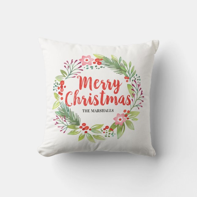 Floral Merry Christmas Red Berry Wreath Kissen (Vorderseite)