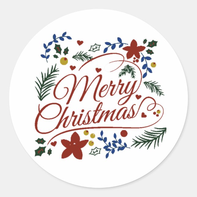 Floral Merry Christmas Runder Aufkleber (Vorderseite)
