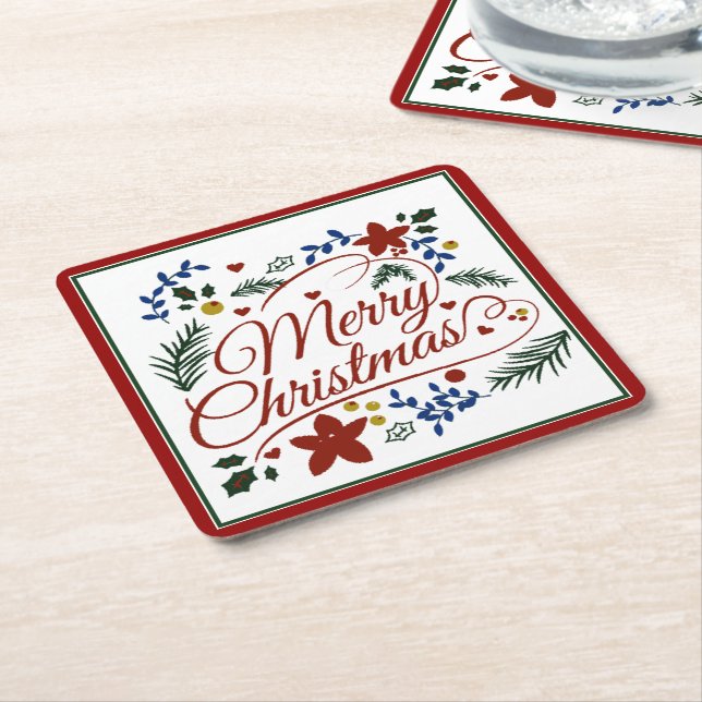 Floral Merry Christmas Square Paper Untersetzer (angewinkelt)