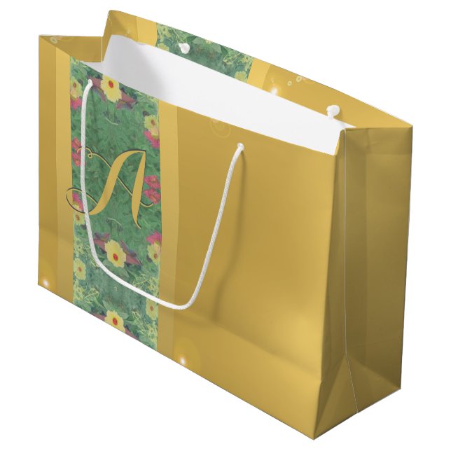 Floral Messingähnliche Monogram-Geschenktasche Große Geschenktüte (Vorderseite Schrägansicht)