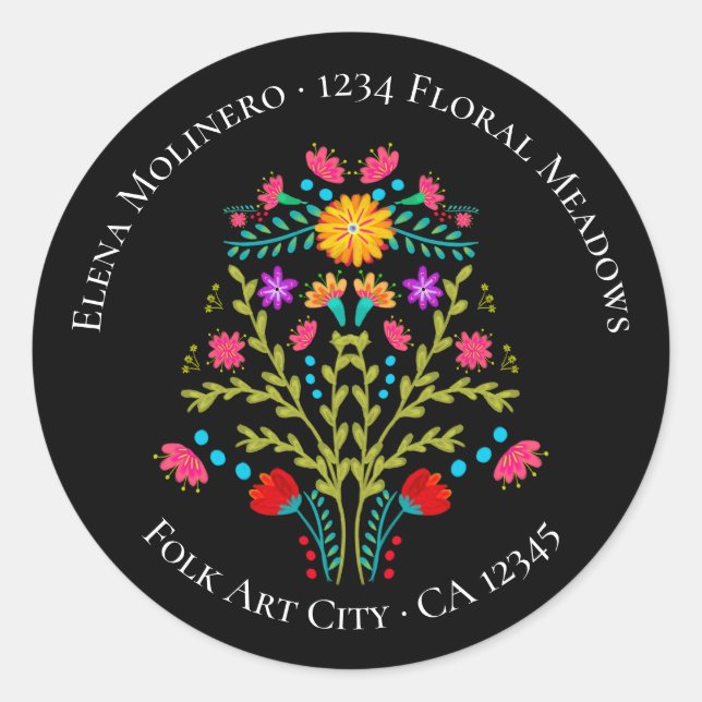 Floral Mexican Fiesta Blume Black Address Runder Aufkleber (Vorderseite)