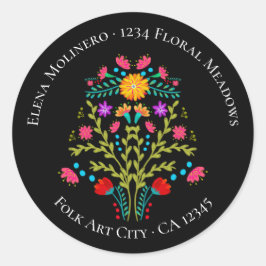 Floral Mexican Fiesta Blume Black Address Runder Aufkleber