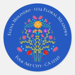 Floral Mexican Fiesta Blumen Königlich Blau Adress Runder Aufkleber