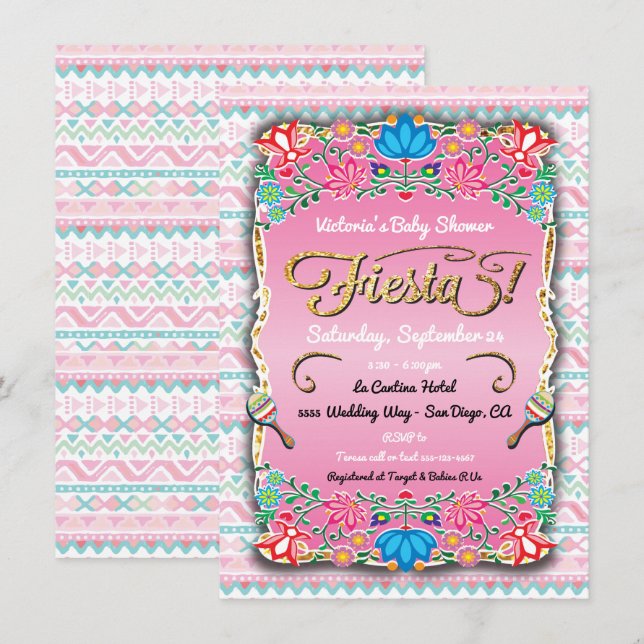 Floral mexikanische Fiesta Babydusche Einladung (Vorne/Hinten)