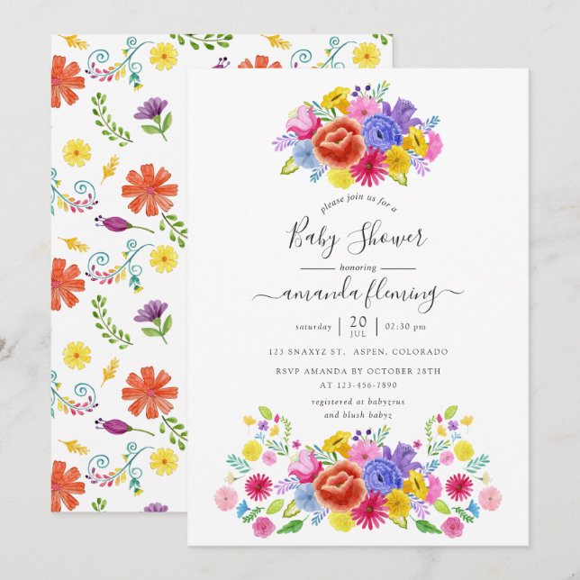 Floral mexikanische Fiesta Babydusche Einladung (Vorne/Hinten)