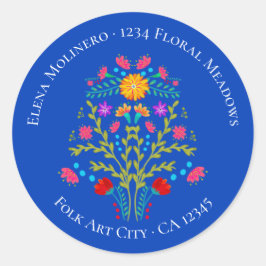 Floral mexikanische Fiesta Blume Royal Blue Addres Runder Aufkleber
