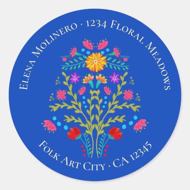 Floral mexikanische Fiesta Blume Royal Blue Addres Runder Aufkleber (Vorderseite)